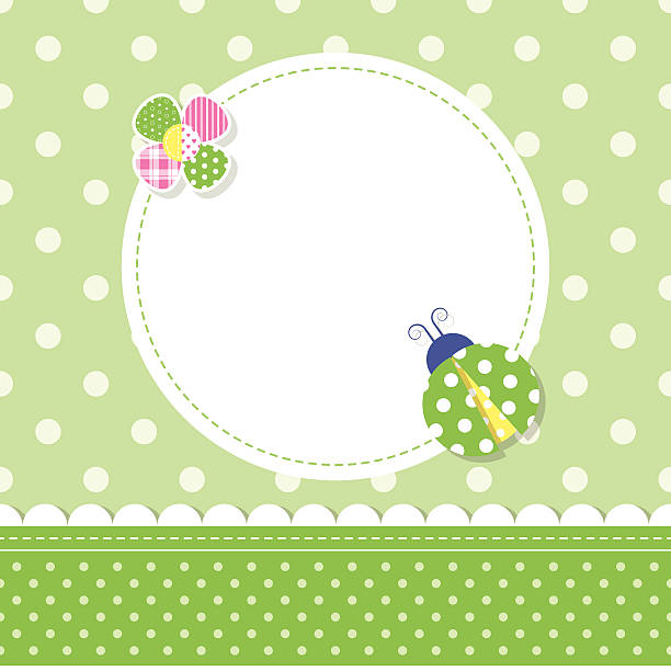 green ladybug baby boy greeting card illustration of a ladybug, colorful flower, round label and ribbon on green polka dot pattern background honeymoon book stock illustrations