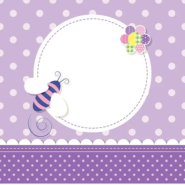 Vector illustration of purple bee baby girl greeting card