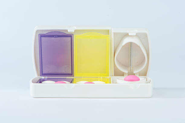 istock Pill box and aluminum split blade show medicine concept 464449554