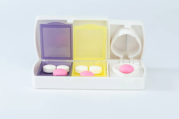 istock Pill box and aluminum split blade show medicine concept 464449556