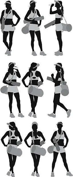 Vector illustration of Female athlete with exercise mat and gym bag