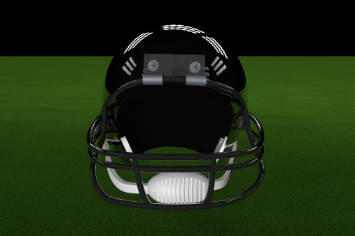Black football helmet in the middle of field, with stadium lights, 3d render