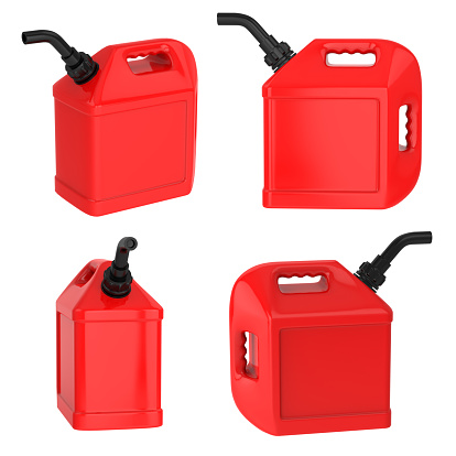 Red plastic canister for gasoline or other fuel. Isolated on white.