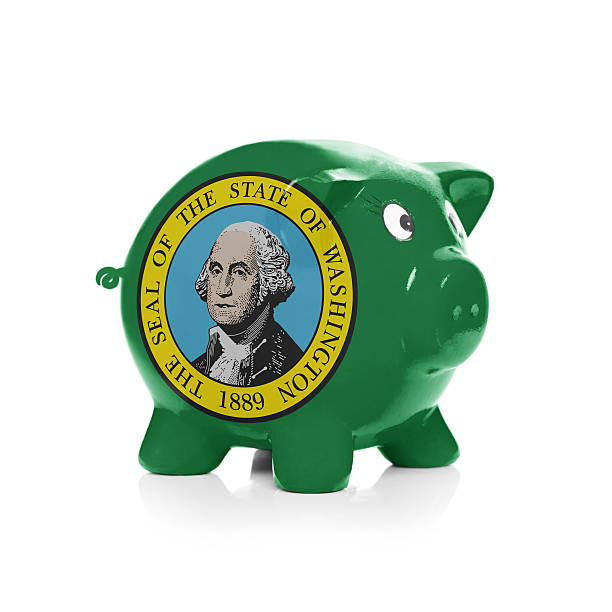 istock Piggy bank with flag coating over it - Washington 464455980