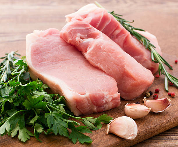 istock Raw pork meat on wooden desk 464456304