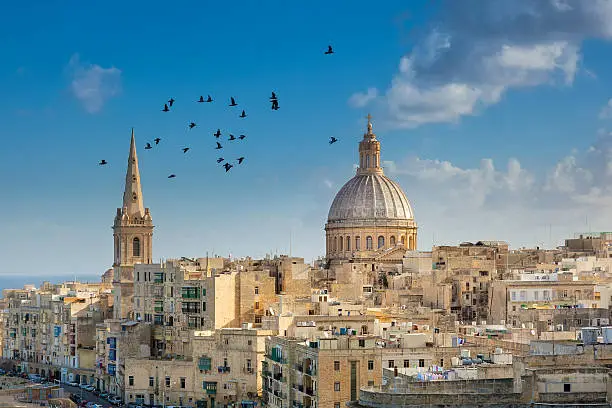 Valetta city buildings with birds flying over them, Malta