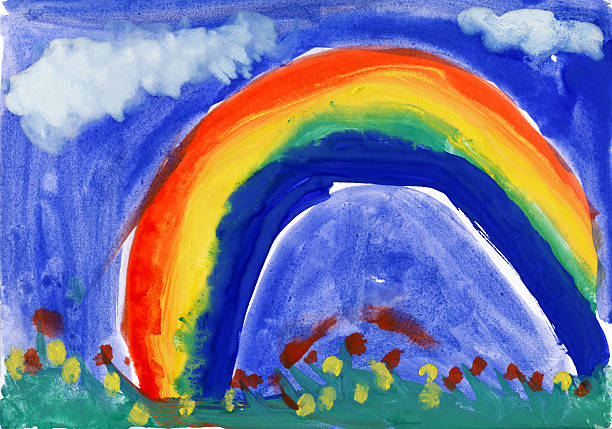 istock Child's drawing watercolor. Landscape with rainbow 464460570