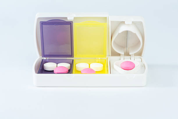 istock Pill box and aluminum split blade show medicine concept 464461556