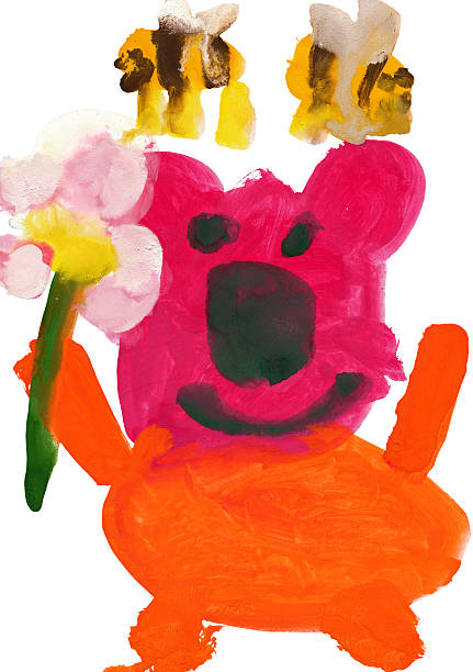 istock Child's drawing watercolor. Bear with flower and bees 464462366