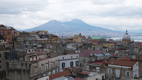 Landscape of Naples, with Vesuvius with snow
