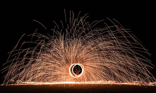 Photo of Firestarter performing amazing fire show with sparkles in the night