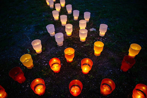 istock Colored glowing lights in the Park on a grass 464474628