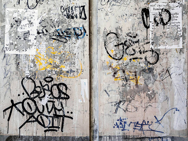 Bangkok, Thailand - May 3, 2014: grunge graffiti art painted on cement pillar of Bangkok transit station (BTS), Victory Monument.