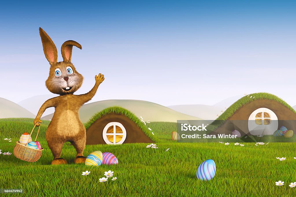 Easter bunny with a basket and eggs A cute Easter bunny holding a basket with Easter eggs. 2015 Stock Photo