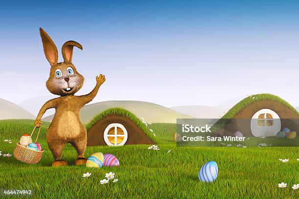 Easter Bunny With A Basket And Eggs Stock Photo - Download Image Now - 2015, Agricultural Field, Animal Den