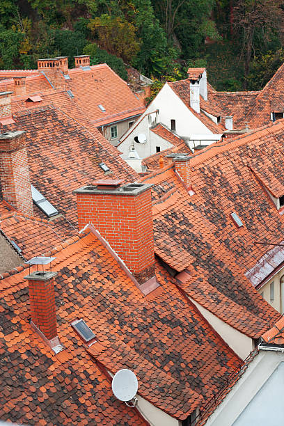 tetti di un centro storico - dachschindel foto e immagini stock