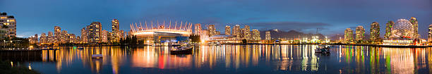 Vancouver, BC Panoramic Vancouver's False Creek at dusk false creek stock pictures, royalty-free photos & images