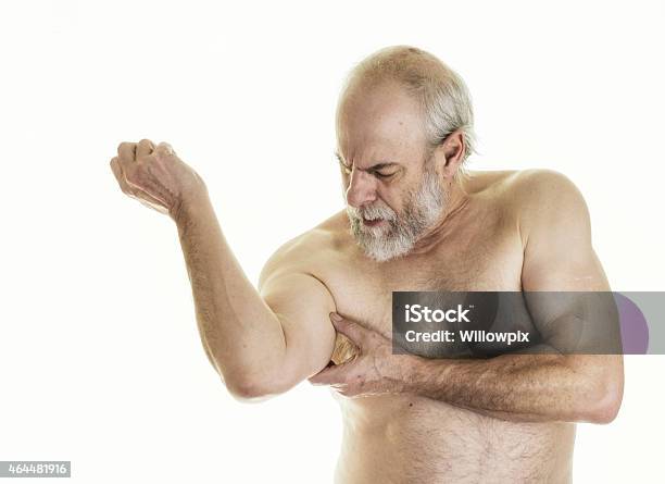 Senior Adult Man With Arm Or Shoulder Pain Stock Photo - Download Image Now - Cut Out, Elbow, 2015