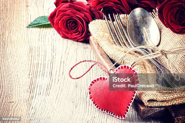 Rustic Table Setting For St Valentines Dinner Stock Photo - Download Image Now - 2015, Anniversary, Arranging