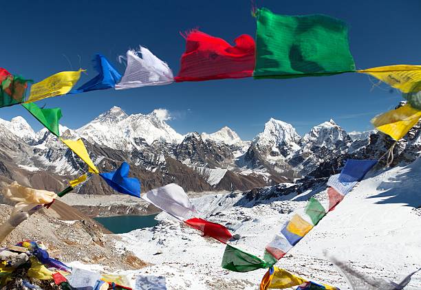 istock view of Mount Everest with buddhist prayer flags 464487778