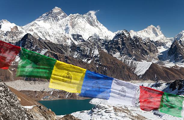 istock view of Mount Everest with buddhist prayer flags 464490538