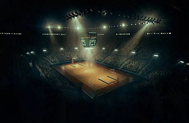 Indoor floodlit basketball arena full of spectators - full 3D