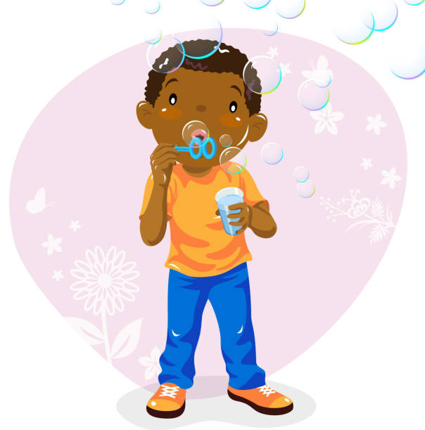 ilustraciones, imágenes clip art, dibujos animados e iconos de stock de teenage boy soplando burbujas en resorte - bubble child bubble wand blowing