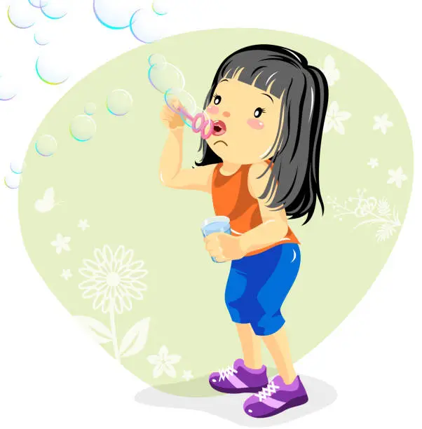 Vector illustration of Little Girl Blowing Bubbles in Spring