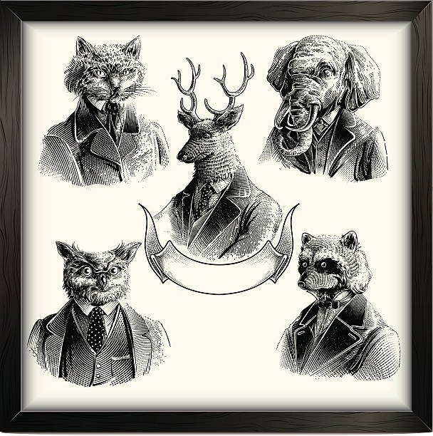 Hipster animals set Portraits of animals woodcut illustrations stock illustrations