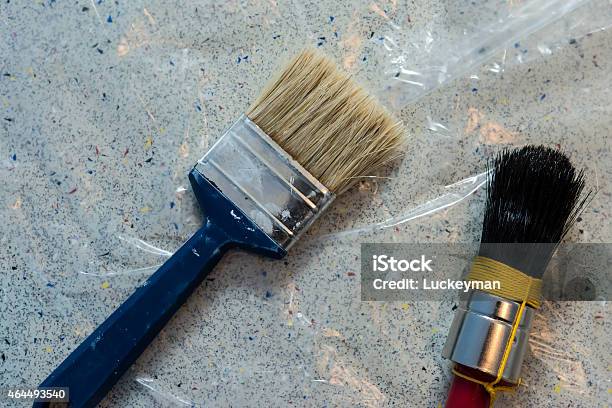 Two Paint Brushes On Plastic Underground Stock Photo - Download Image Now - 2015, Animal Hair, Art