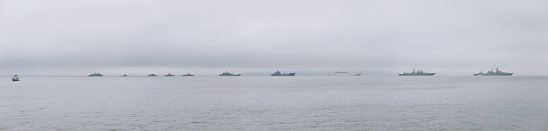 Russian battleships fleet parade panorama on Navy day
