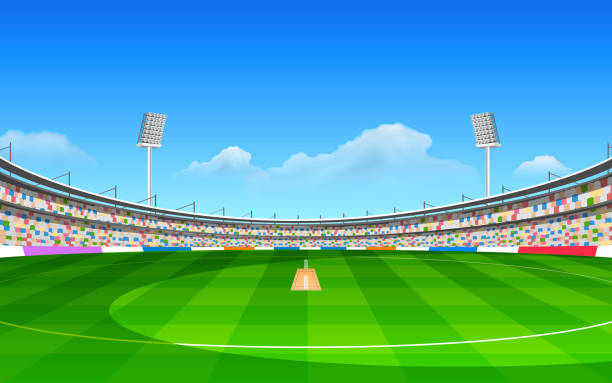 A cartoon stadium for the game of cricket illustration of stadium of cricket with pitch cricket stock illustrations