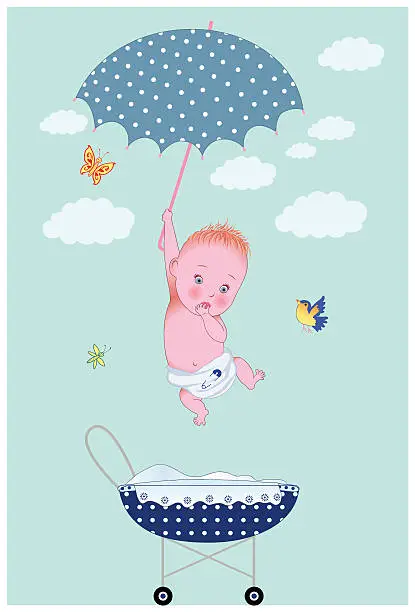 Vector illustration of New baby boy is coming with un umbrella from sky
