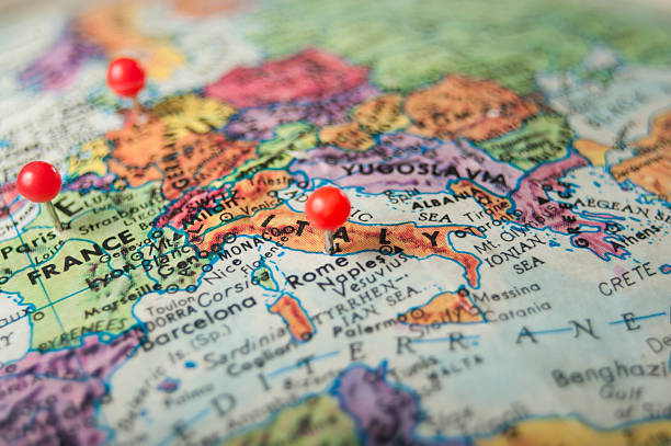 istock Close-up of Europe on a globe with three red pins attached 464502494