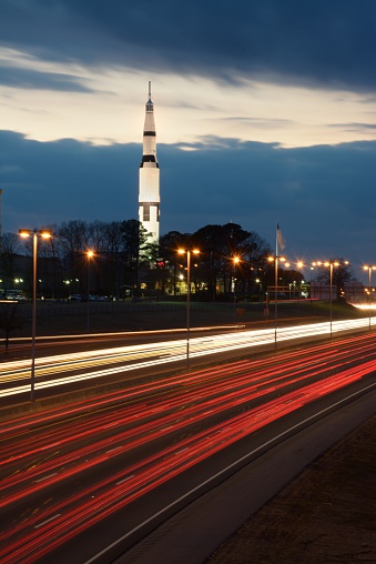 Cars traveling along I-565 past the Space and Rocket Center in Huntsville, Al.