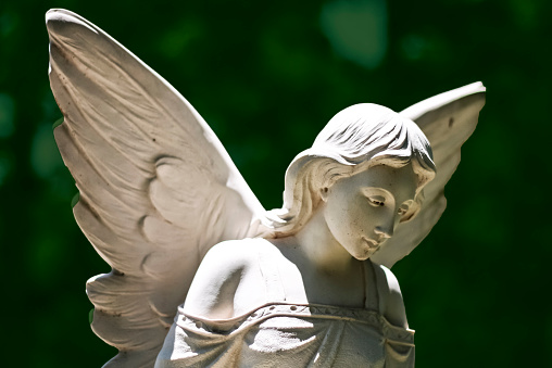 head shot of an angel with wings wide-spread looking down at the grave below