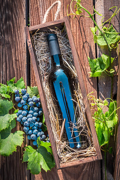 istock Red wine in a wooden box with hay 464508940
