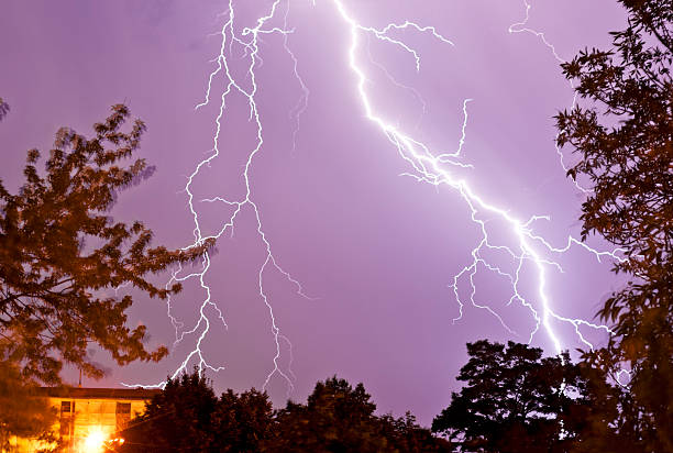 Thunderstorm with lightnings over a city Thunderstorm with lightnings over a city. Long exposure of 15 seconds. military attack photos stock pictures, royalty-free photos & images
