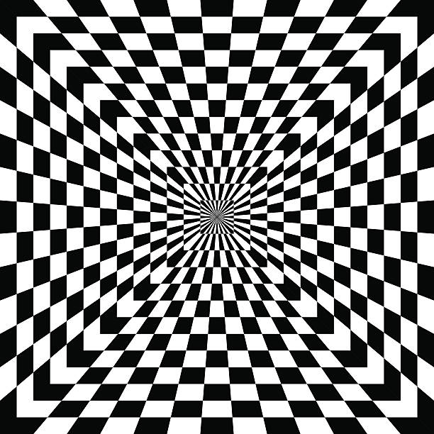 Checkered Optical Illusion Classic Checkered Op Art pattern in black and white also repeats seamlessly. illusion pattern circle image created 1960s stock illustrations