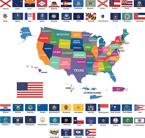 Vector illustration of USA MAP AND FLAGS