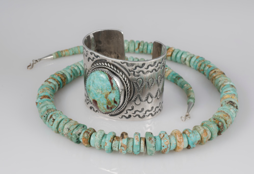 Large Ornate Sterling Silver Cuff Bracelet with a large Turquiose Stone and Turquoise Necklace with Silver Clasp.