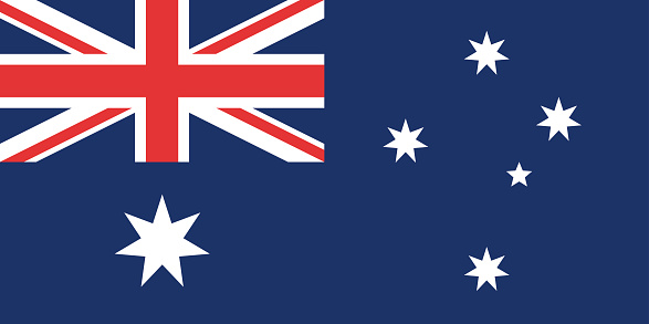 The flag of Australia: a blue field with the Union Jack in the upper hoist quarter, and a large white seven-pointed Commonwealth Star in the lower hoist quarter. Right side contains a representation of the Southern Cross constellation, made up of five white stars – one small five-pointed star and four, larger, seven-pointed stars.