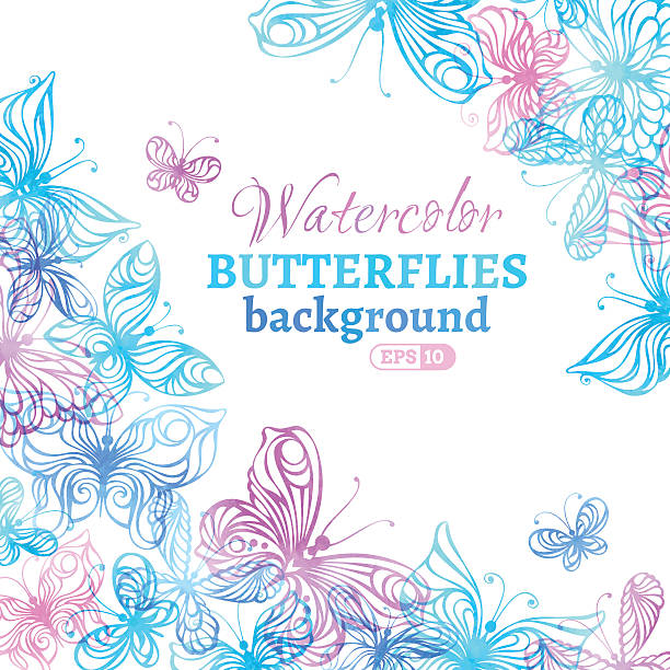 Watercolor colourful butterflies background. Vector illustration. There is place for your text in the center. butterfly purple blue isolated stock illustrations