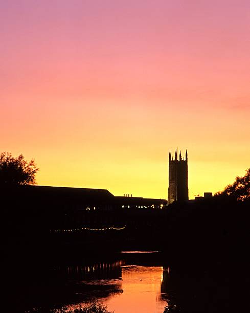 River Derwent at dusk, Derby, England. River Derwent with the Cathedral to rear at sunset, Derby, Derbyshire, England, UK, Western Europe. derby city stock pictures, royalty-free photos & images