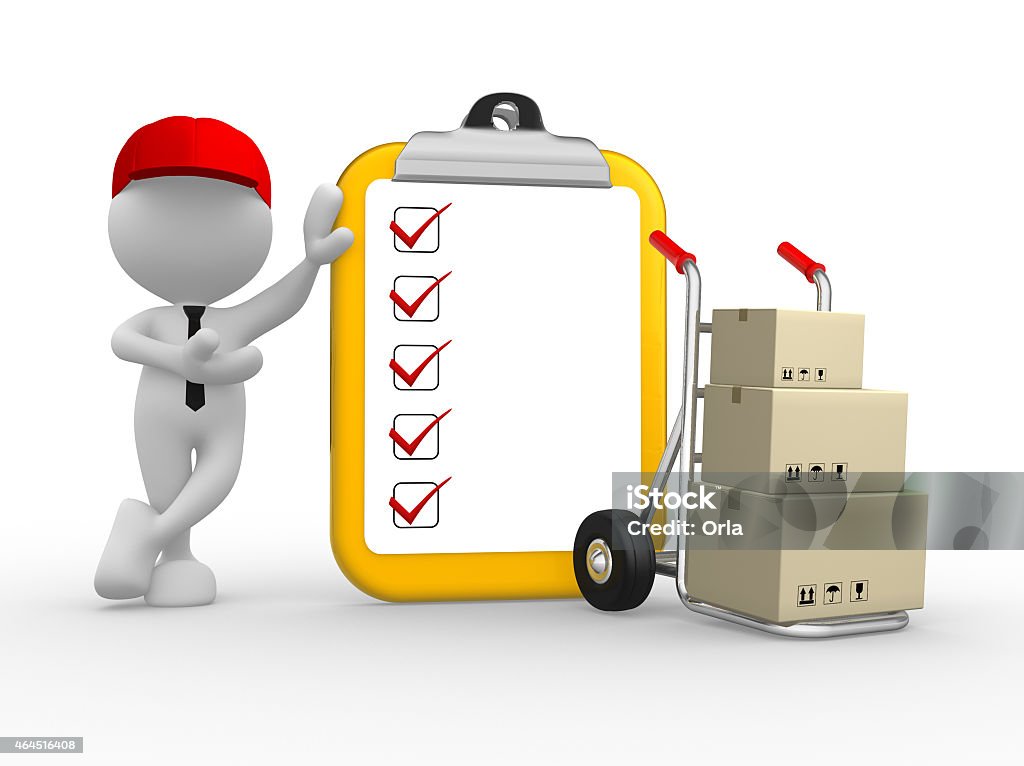 Postman 3d people - man, person with clipboard and  hand truck. Postman 2015 Stock Photo