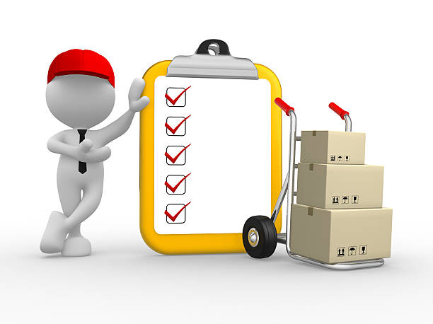 Postman 3d people - man, person with clipboard and hand truck. Postman mover delivery person box hand truck stock pictures, royalty-free photos & images