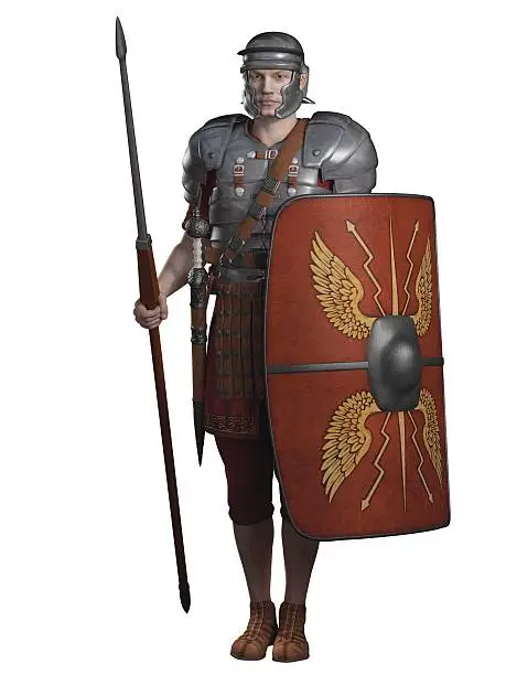 Legionary soldier of the Roman Empire wearing lorica segmentata, 3d digitally rendered illustration