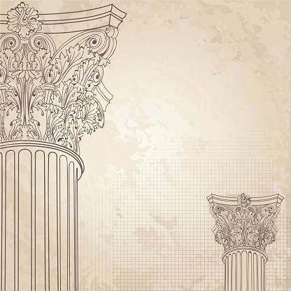 Classic columns background. Roman corinthian column. Illustration on old paper background