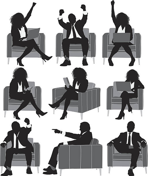 illustrazioni stock, clip art, cartoni animati e icone di tendenza di più modelli di dirigenti seduti - donna profilo braccia alzate