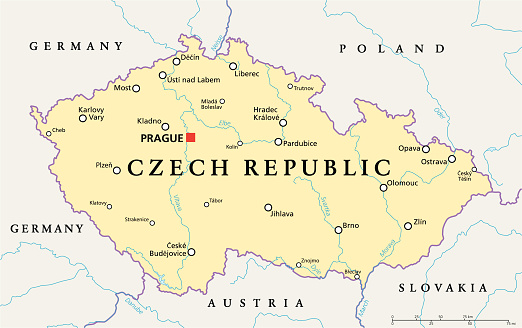 Czech Republic Political Map with capital Prague, national borders, important cities, rivers and lakes. English labeling and scaling. Illustration.